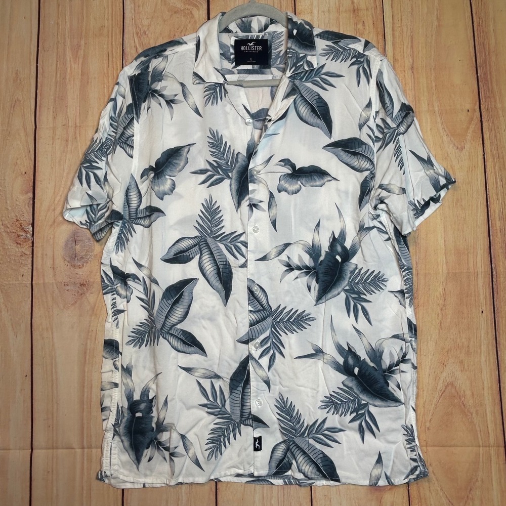 Hollister Button‎ Down Shirt Mens Large White Blue Tropical Leaf Print Summer